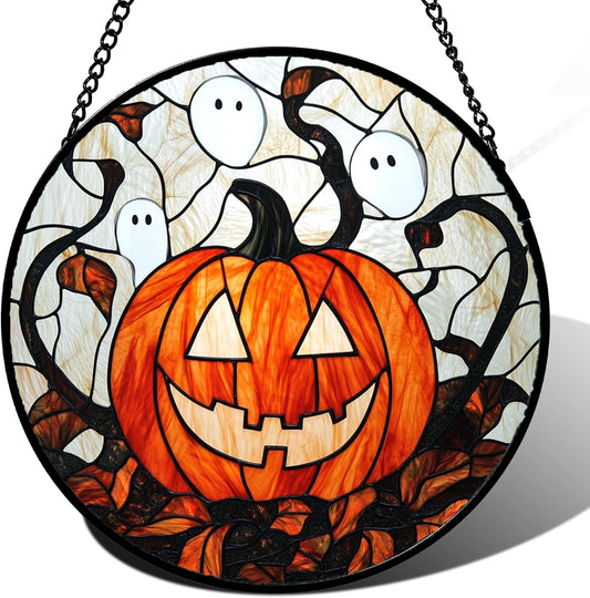 Stained Glass Window Hanging - Halloween Decorations Pumpkin Ghost Suncatcher for Doors Garden Indoor Spooky Funny Orange Sun Catchers Gothic Decor Horror Gifts for Women Men Friend 9.8 in
