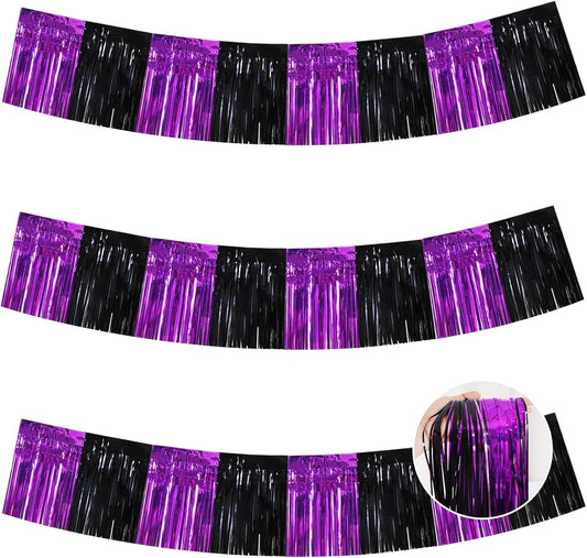 BEISHIDA 3 Packs Metallic Foil Fringe Garland Black Purple Wall Hanging Tinsel Fringe Banners for Halloween Car Floats Bridal Shower Wedding Birthday Easter Graduation Holiday Party Decoration (30 Ft)
