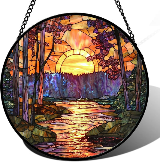 Stained Glass Window Hanging, Orange Landscape Green Purple Lake Forest Suncatcher for Doors Window Home Sun Catchers Decor Mother's Day Birthday Gifts for Women Men Mom 6.3 in