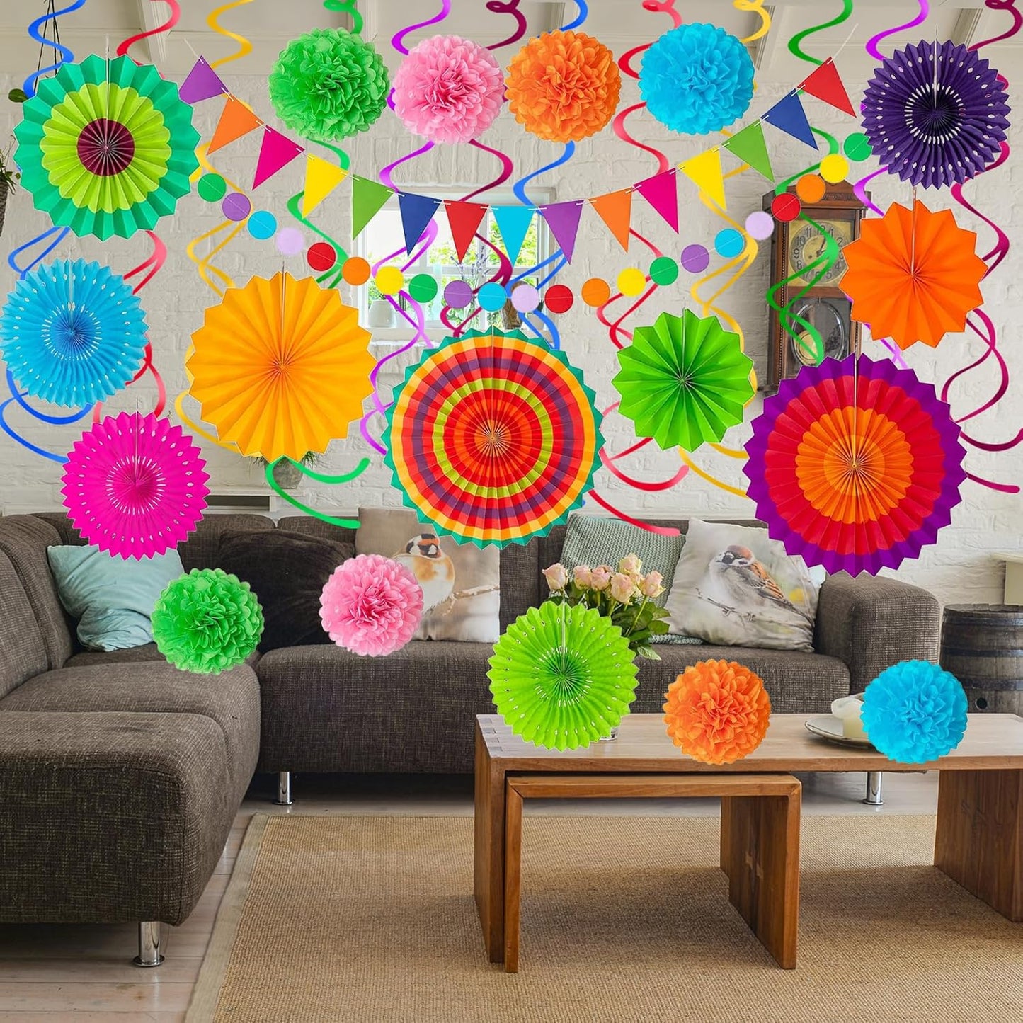 32Pcs Cinco De Mayo Decorations Fiesta Party Decorations Multi-Color Paper Fans Garlands Pennant Pom Poms Hanging Swirls For Birthday Wedding Rainbow Mexican Party