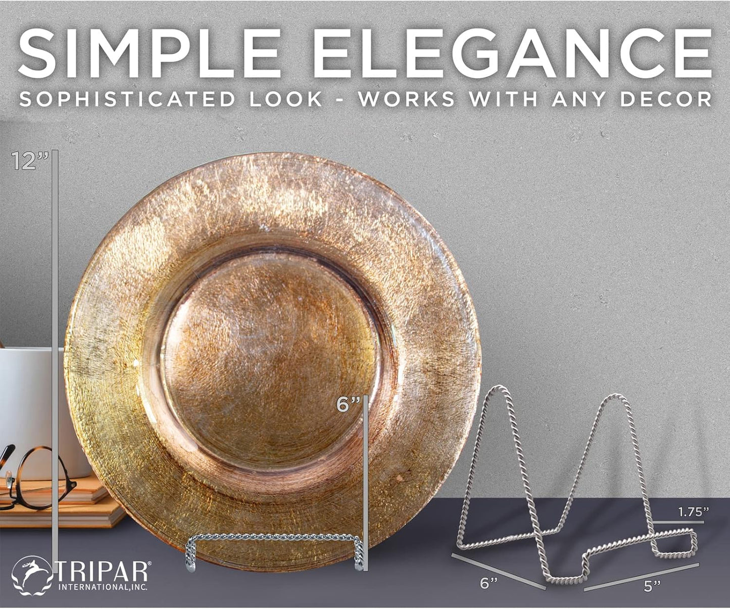 TRIPAR Decorative Twisted Wire Stand, Chrome Display (6 Inch Depth) Tabletop Easel Sleek & Modern Look - Perfect for Books, Plates, Photos & More