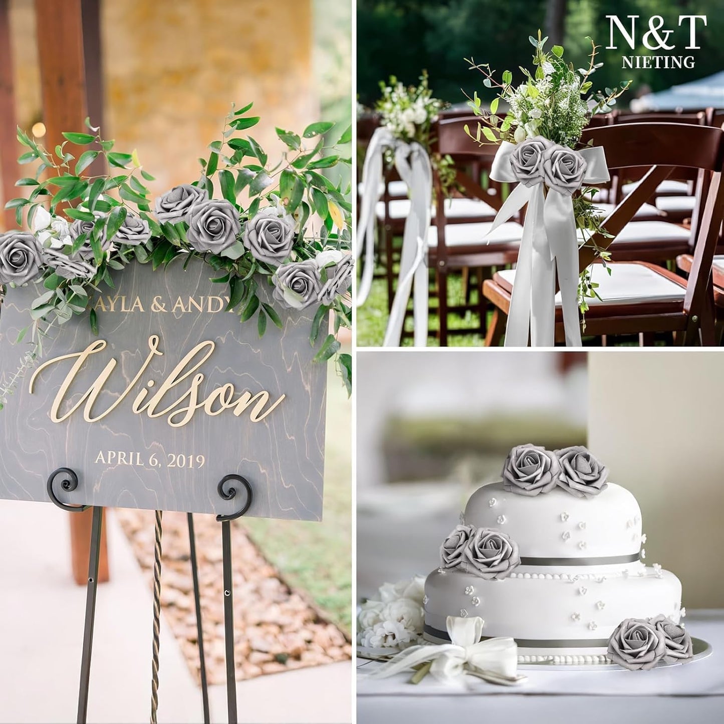 N&T NIETING Artificial Flowers, Fake Flowers Roses Perfect for DIY Wedding Bridal Bouquets Centerpieces Bridal Shower Party Home Flower Arrangement Decorations, 25Pcs, Silver Gray