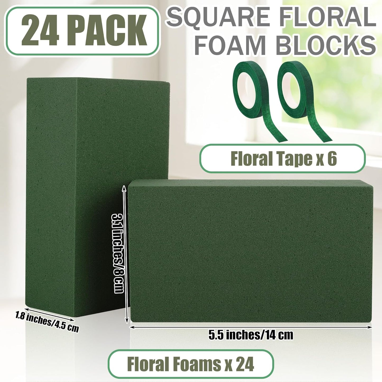 Aneco 24 Pieces Floral Foam Blocks with 6 Rolls Floral Tape 5.5''L x 3.1''W x 1.8''H Green Square Flower Foams Flower Arrangements Supplies for Dry & Wet Flower Wedding Home Decor and DIY Crafts