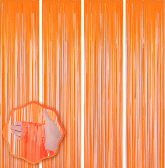4 Pack Orange Foil Fringe Backdrop Curtains, Tinsel Streamers Birthday Party Decorations, Fringe Backdrop for Graduation, Baby Shower, Gender Reveal, Disco Party