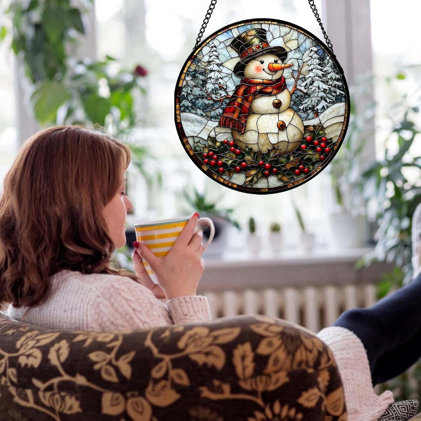 Stained Glass Window Hanging - Christmas Snowman Suncatcher for Door Terrace Garden Home Decor Winter Forest Snow Sun Catcher Birthday Gifts for Lovers Women Men Dad Mom Nana 15 in