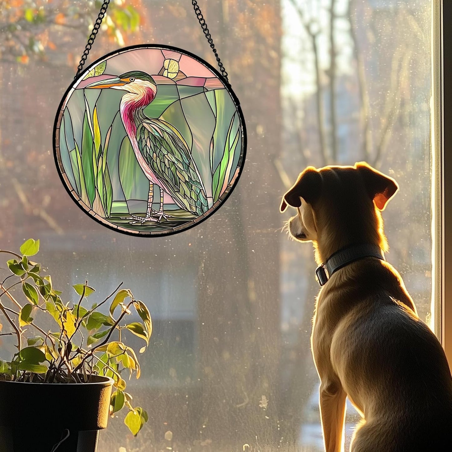 Stained Glass Window Hanging 4 Pcs Set Cute Animal 9.8"- Green Plant Pink Suncatcher Door Garden Sun Catcher Decor Birthday Christmas for Mom Woman Nana Men Friend