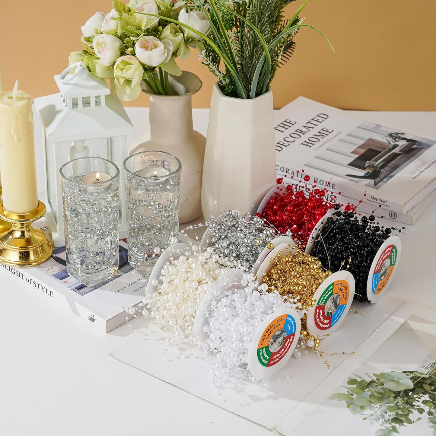 13Feet Pearl String Spool Roll for Floating Candles Faux Pearls Strands Garland for Vase Filler Wedding Centerpiece Christmas Table Decor (Gold)