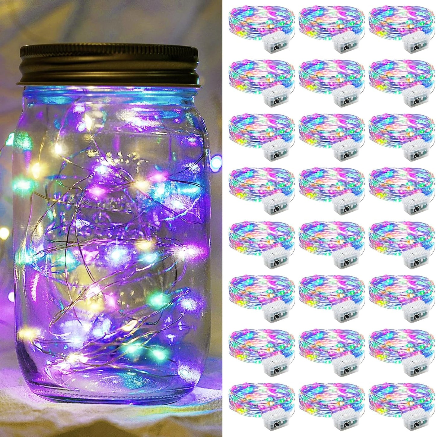 Fairy Lights 7Ft 20 LED Twinkle String Lights 3 Modes Battery Operated Waterproof Firefly Starry for Mason Jar Party Wedding Christmas Valentines Day Table Centerpieces(Rainbow, 24 Pack)