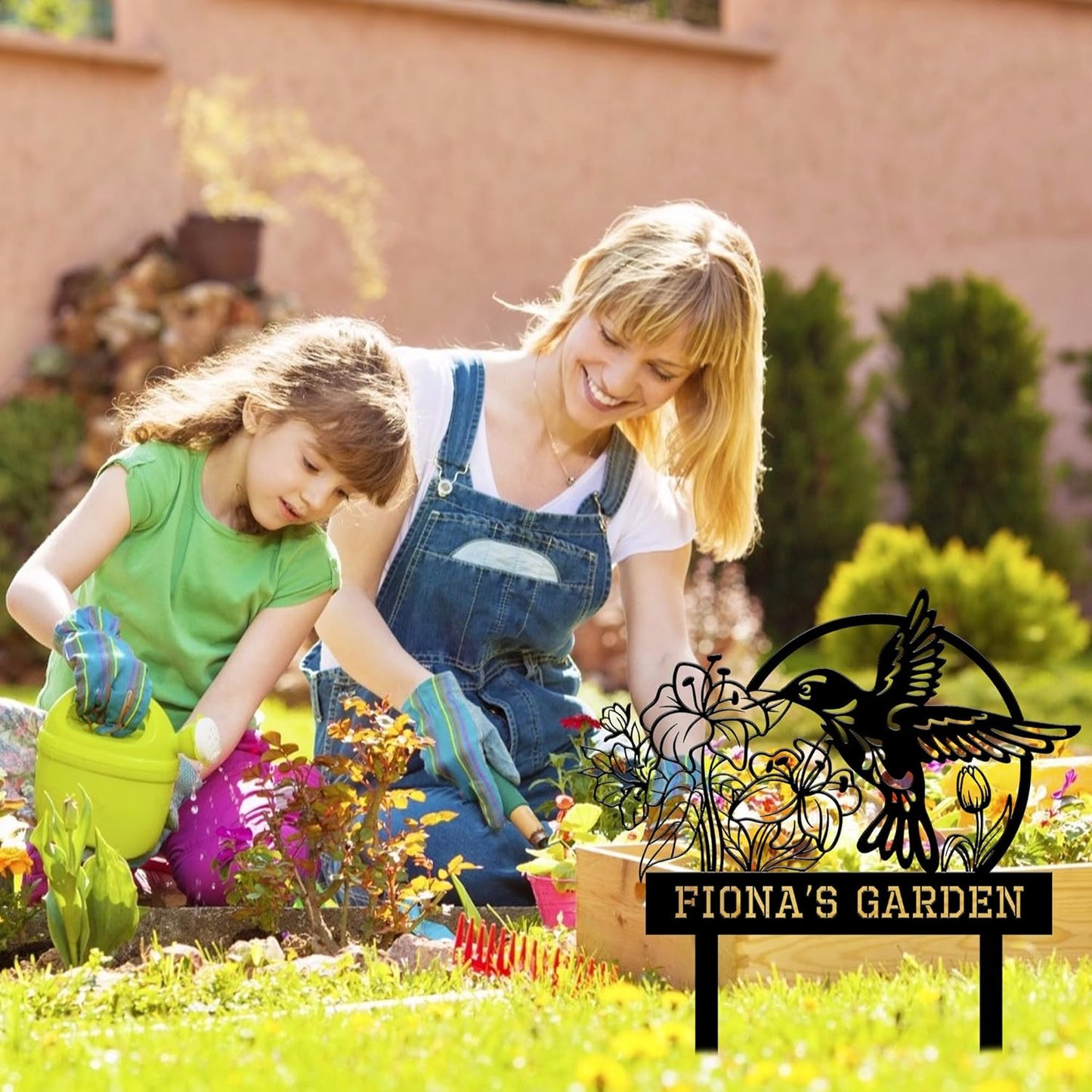 Personalized Garden Signs for Outside, Custom Metal Hummingbird Flowers Garden Decor with Stake, Custom Name Signs Outdoor Yard Patio Backyard Metal Decor Home Gifts