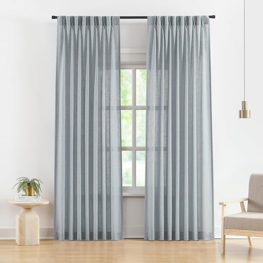 Vision Home Blue Fog Pinch Pleated Semi Sheer Curtains Textured Linen Blended Light Filtering Window Curtains 84 inch for Living Room Bedroom Pinch Pleat Drapes with Hooks 2 Panels 40" Wx84 L