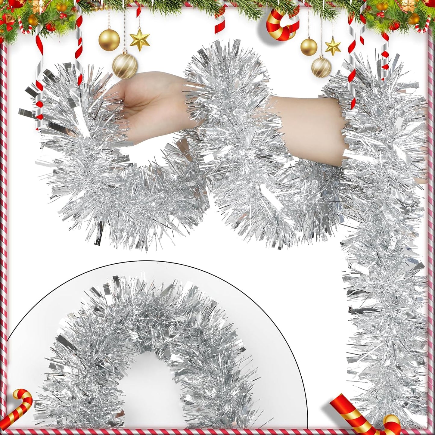DECORA 33 Feet Silver Tinsel Garland, Christmas Metallic Hanging Tinsel Garland for Xmas Tree Home and Party Decoration