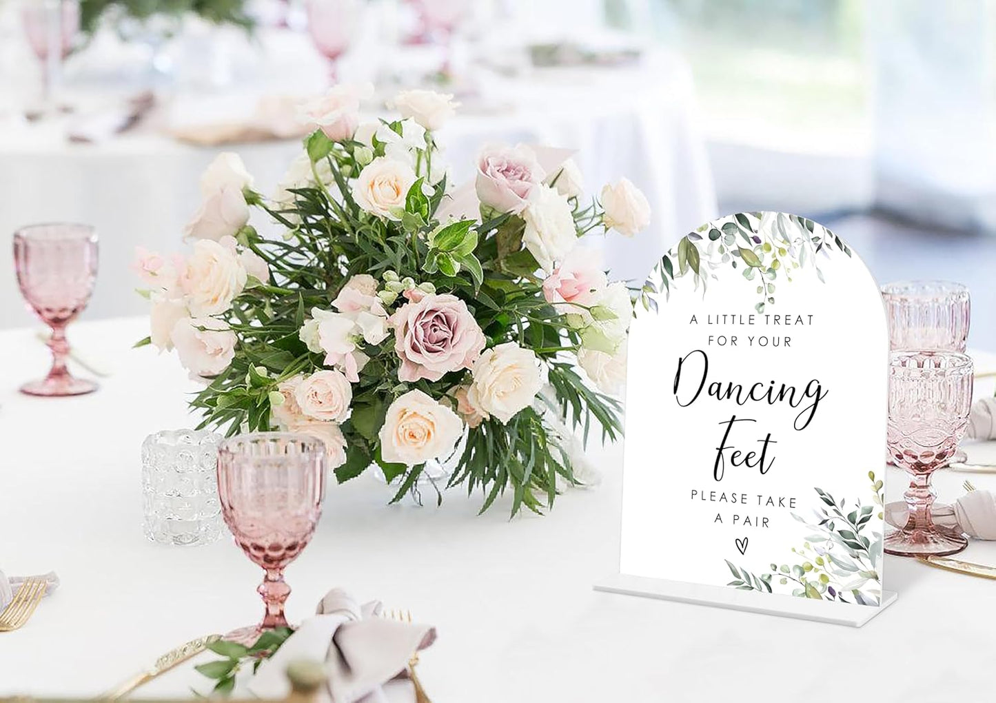 Greenery Dancing Feet Sign, 6 x 8 Inch White Arch Acrylic Wedding Sign with Holder, Wedding Sign for Ceremony and Reception, Wedding Decoration, Wedding Supplies - LY24