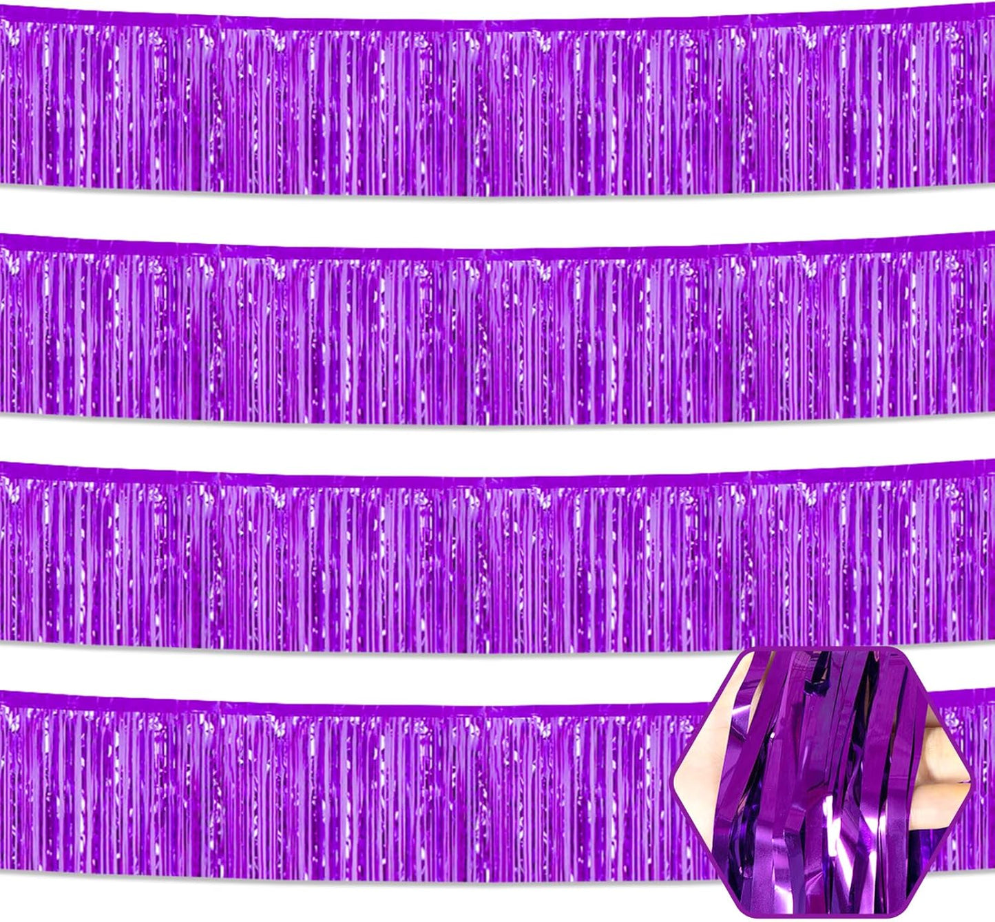 4 Pack 10 Feet Purple Foil Fringe Garland Metallic Tinsel Streamers Banner Wall Hanging Curtain Backdrop for Parade Floats, Wedding, Graduate, Mother's Day, Birthday Party Decoration
