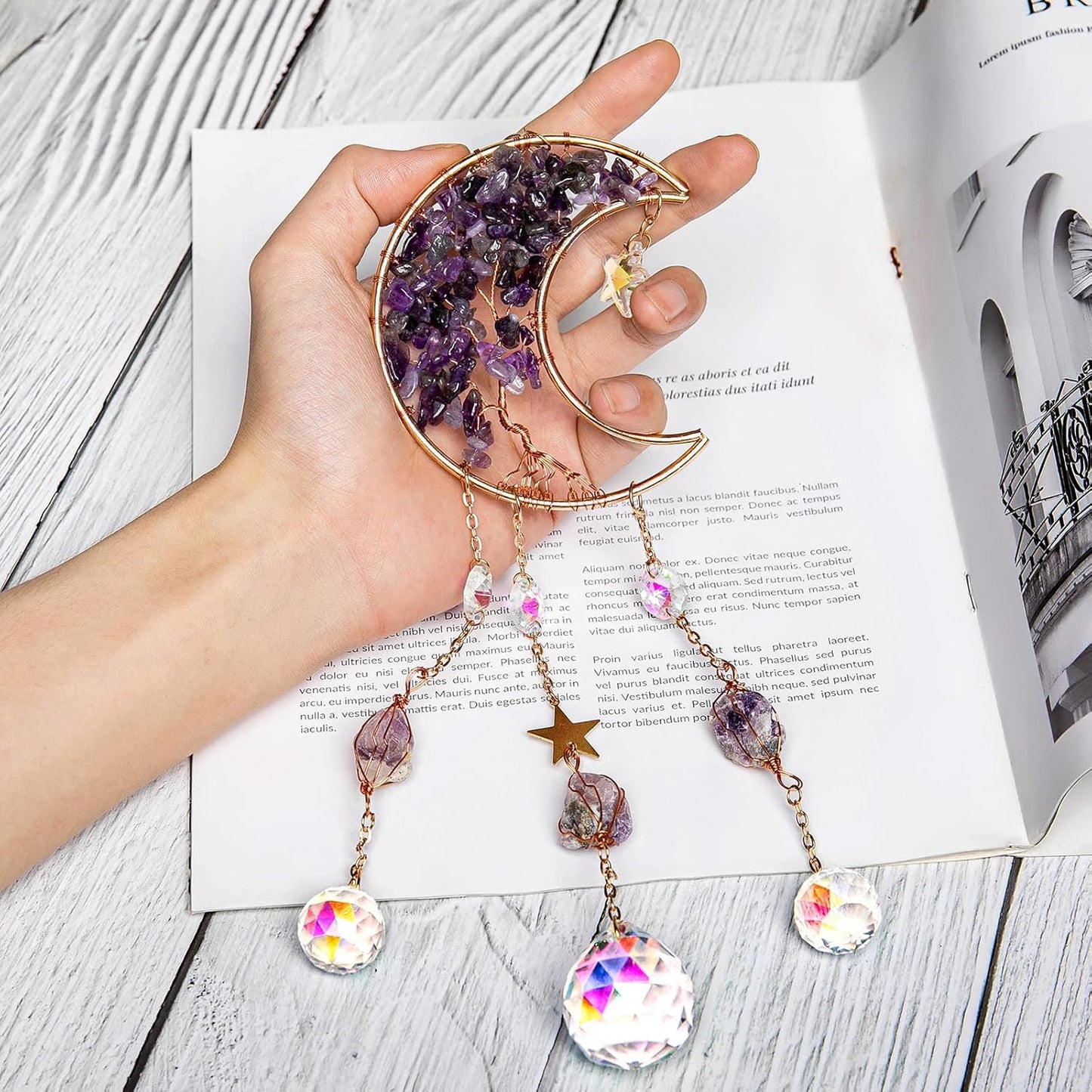 TUOKING Amethyst Crystal Moon Suncatchers for Window Hanging Tree of Life Natural Healing Stones Wind Chimes Sun Catcher Rainbow Maker Good Luck Gifts Decor for Home Garden
