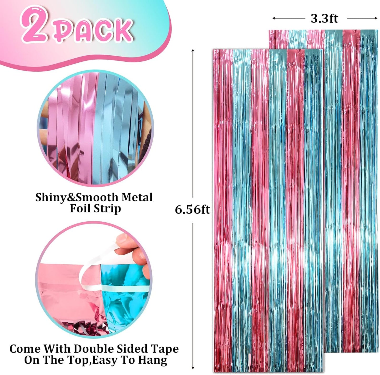 2 Pack Blue and Pink Foil Fringe Backdrop Curtains, Tinsel Streamers Mermaid Party Decorations, Fringe Backdrop for Mermaid Birthday, Baby Shower, Gender Reveal, Disco, Graduation Party