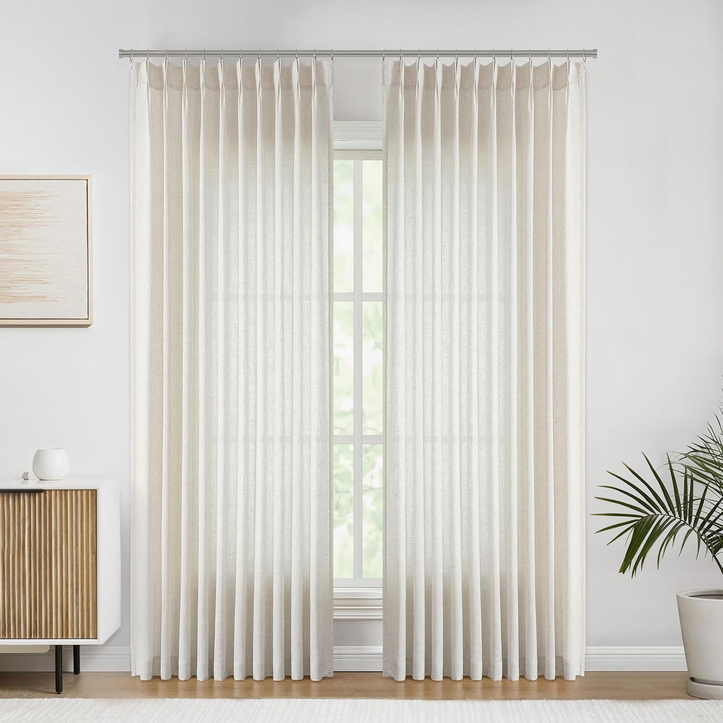 Vision Home Natural Pinch Pleated Semi Sheer Curtains Textured Linen Blended Light Filtering Window Curtains 102 inch for Living Room Bedroom Patio Pinch Pleat Drapes with Hooks 1 Panel 60" Wx102 L