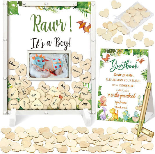 65 Pcs Dinosaur Baby Shower Guest Book Alternatives He or She Gender Reveal Baby Shower Decorations Sign in Guest Book with Picture Frame and 60 Wooden Chip