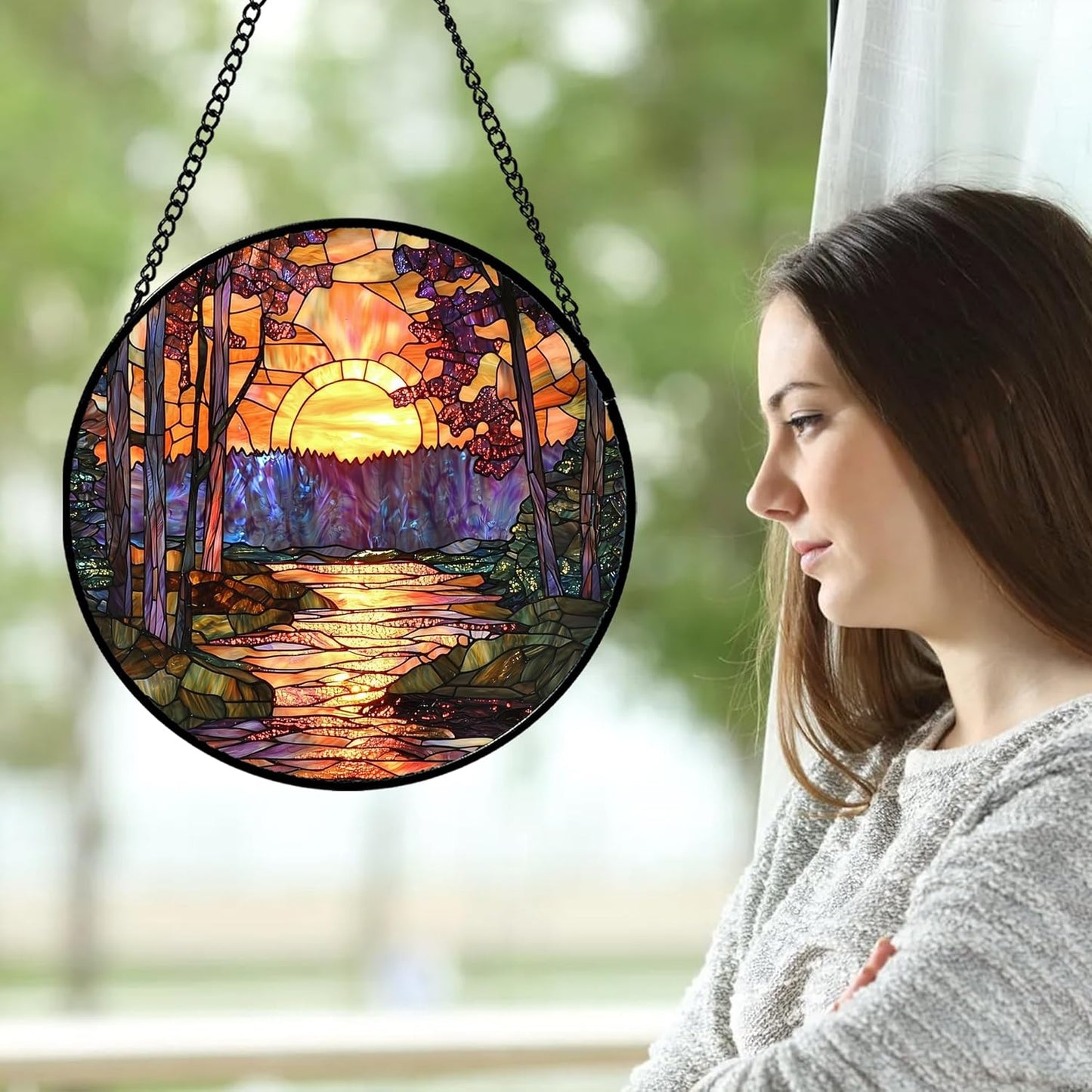 Stained Glass Window Hanging, Orange Landscape Green Purple Lake Forest Suncatcher for Doors Window Home Sun Catchers Decor Mother's Day Birthday Gifts for Women Men Mom 6.3 in