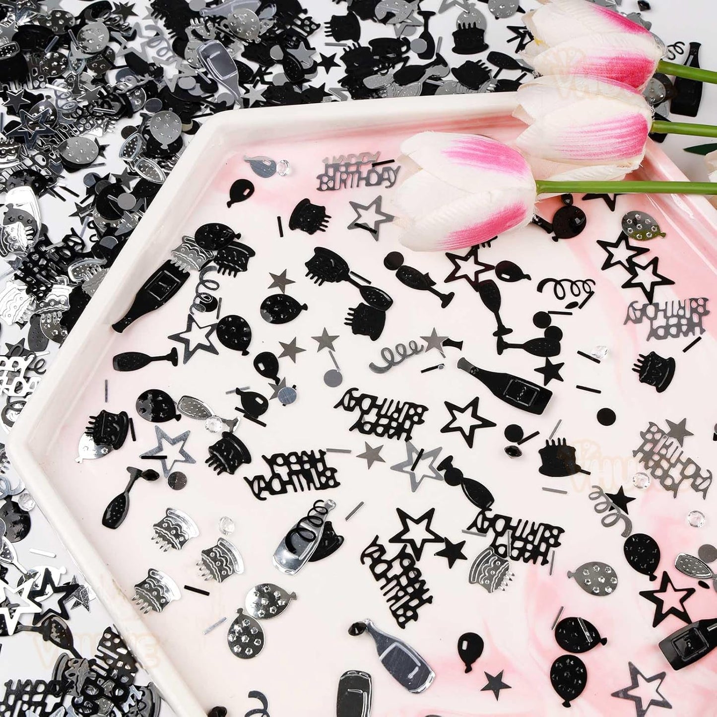 VHUWE Happy Birthday Confetti, 1.6 oz Black Silver Cake Balloon Star Goblet Bottle Confetti for Happy Birthday Party Decorations Boys Girls Kids Women Men Birthday Table Decorations | Black Silver