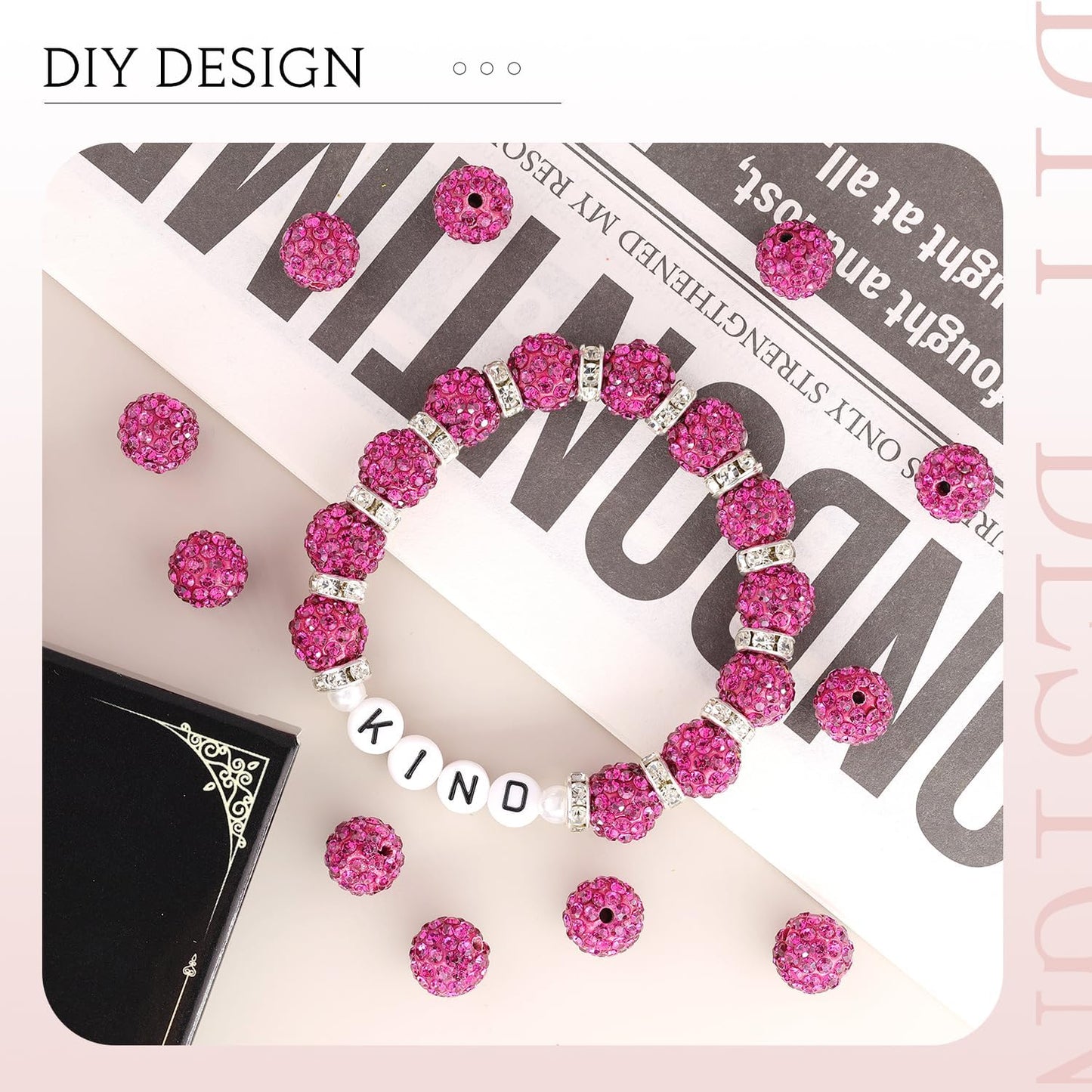 200pcs 10mm Fuchsia Rhinestone Beads for Jewelry Making, Shiny Round Shamballa Disco Ball Beads Bulk, Sparkle Crystal Clay Christmas for Bracelet Baseball Necklace Earring Crafting and DIY