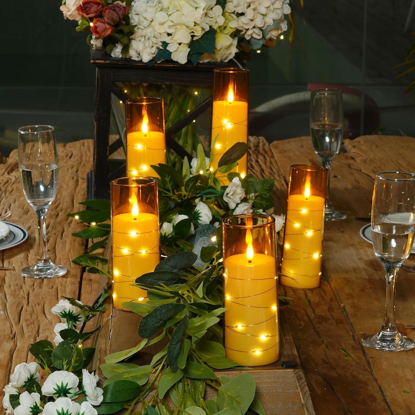 Raycare Flameless Candle with Remote Timer – 5 Flickering Acrylic Battery Operated LED Pillar Candles with Embedded Star String for Halloween, Home Decor, and as a Gift(Glod)