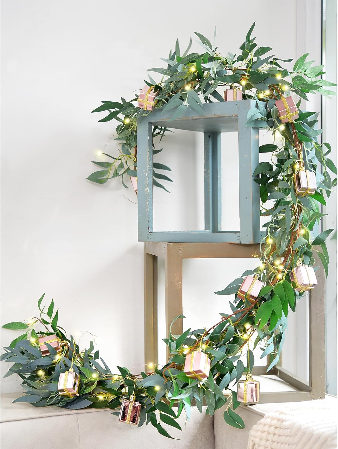 Artificial Willow Garland with Battery String Lights & Pink Gift Box Ornaments – 2-Pack Lighted Greenery Vine, with Remote for Mantels, Weddings, Fireplace, Holidays, Parties & Everyday Home Decor