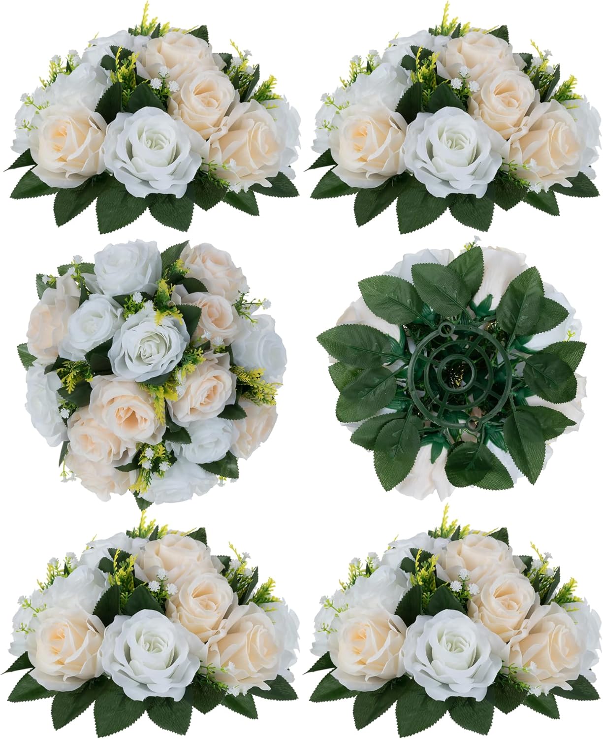Flower Balls Wedding Rose Centerpieces: 6 Pcs Fake Flowers with Base Kissing Balls Decor Champagne &White Artificial Floral Arrangements Flower Bouquet of Roses Home Party Table DIY Decorations