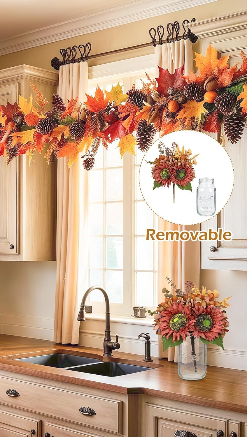 Silk Sunflowers Artificial Flowers with Mason Jar Centerpiece for Table Orange Red Fall Flowers in Vase Fall Floral Arrangement with Vase Thanksgiving Centerpiece for Dining Room Table Autumn Decor
