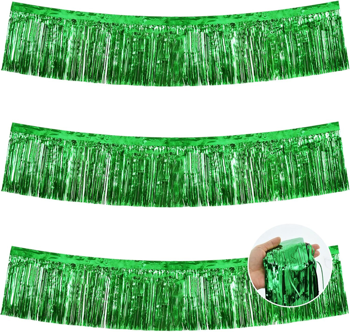 BEISHIDA 3 Packs Metallic Foil Fringe Garland Green Wall Hanging Tinsel Fringe Banner for Halloween Christmas Car Floats Bridal Shower Wedding Birthday Easter Graduation Holiday Party Decoration 30 Ft