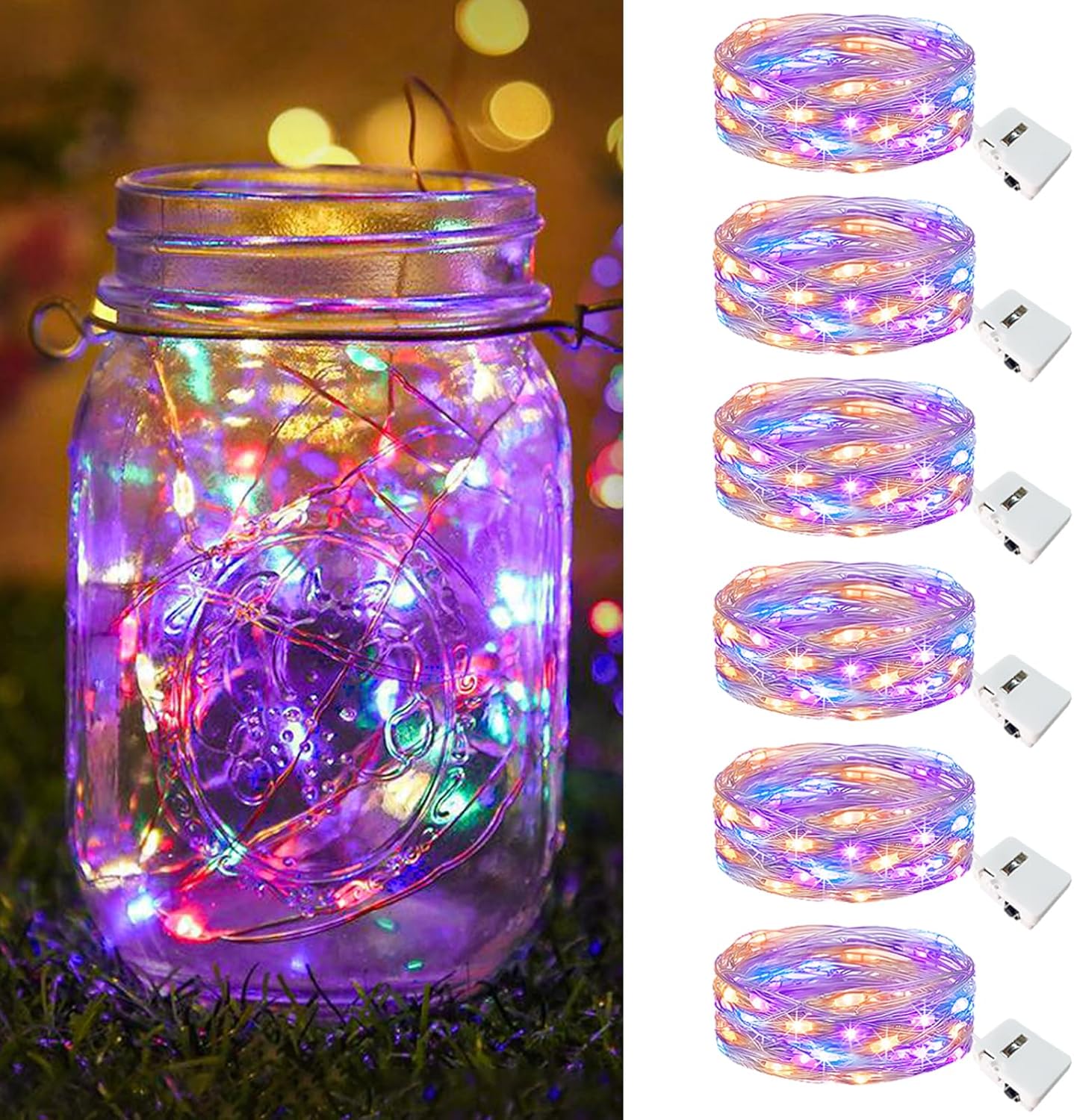 btfarm 6 Pack Fairy Lights Battery Operated [3 Modes], 7ft 20 Led Twinkle Lights String Lights Waterproof Bulk Small Mini Silver Wire for Mason Jars Vases Wedding Table Centerpiece, Multicolor