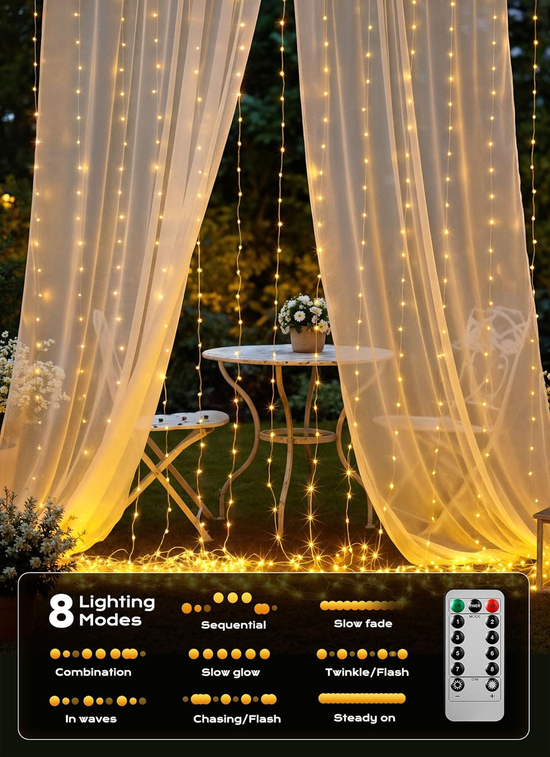 Brightown 600 LED Curtain String Lights, 20 FT Hanging Fairy Lights with Remote, 8 Modes, Waterproof Window Lights for Bedroom Backdrop Wedding Outdoor Christmas Party, Warm White