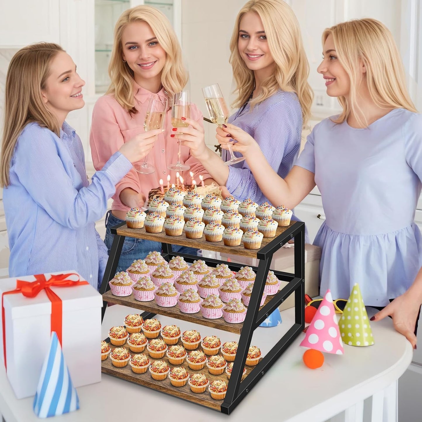 Cupcake Stand, 3 Tier Large Cupcake Stand for 50 Cupcakes Rustic Cupcake Display Stand Square Wood Dessert Table Display Set Cupcake Tower Tiered Tray Stand for Wedding Birthday Graduation Baby Shower