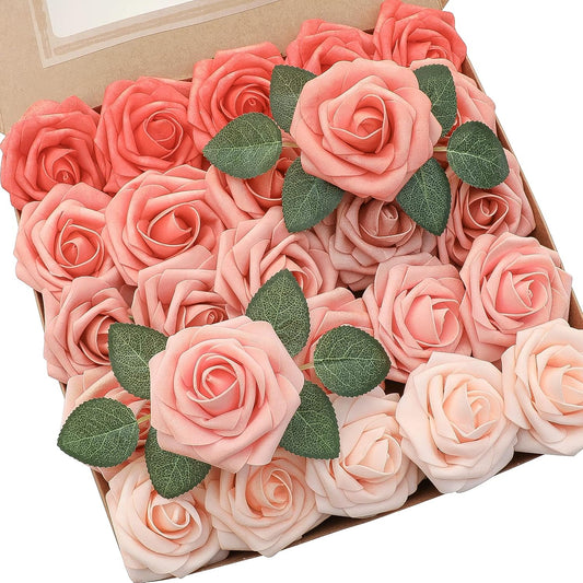 Floroom Artificial Flowers 25pcs Real Looking Coral Ombre Colors Foam Fake Roses with Stems for DIY Wedding Bouquets Bridal Shower Centerpieces Floral Arrangements Party Tables Home Decorations