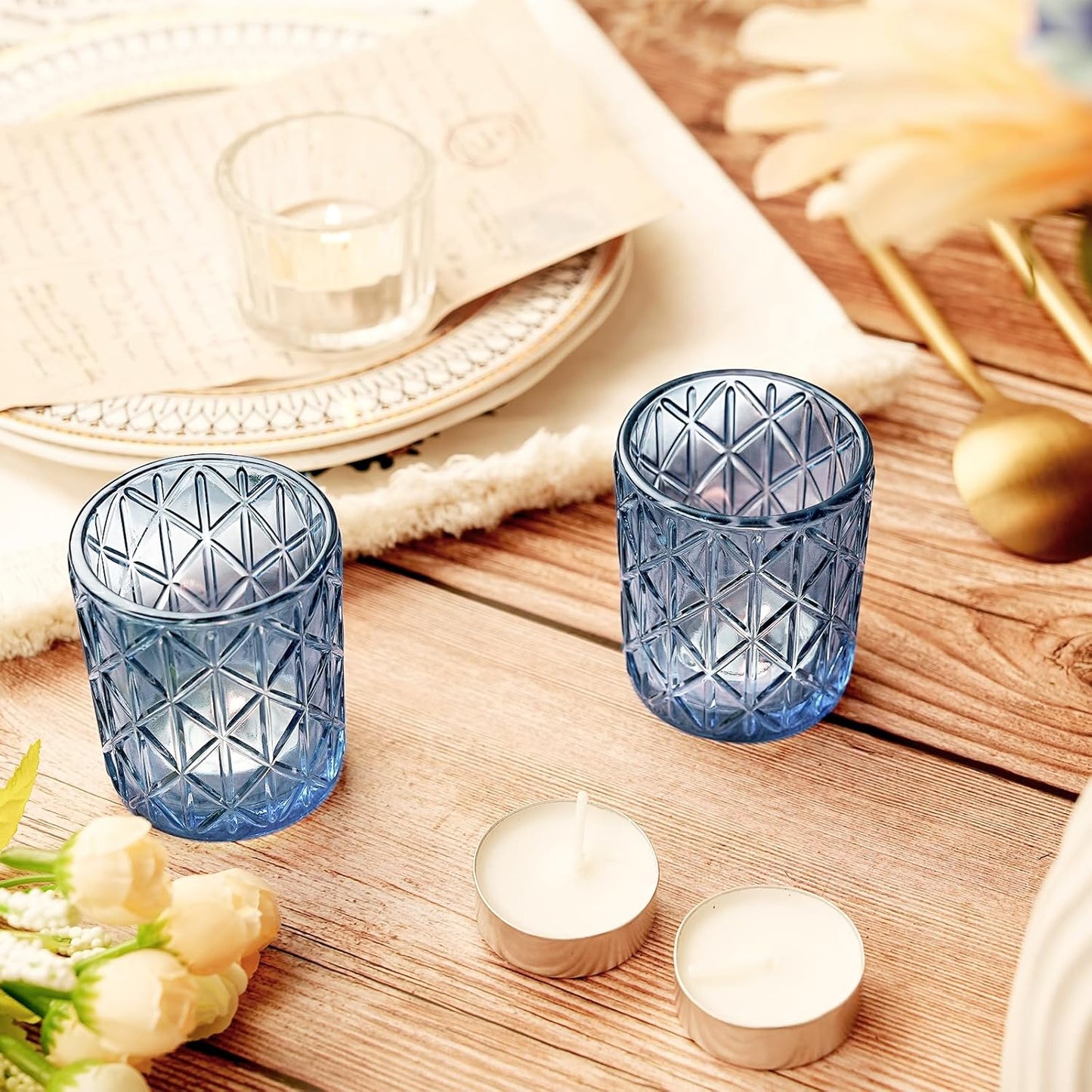 24pcs Blue Votive Candle Holders, Glass Votives Candle Holder in Bulk for Table Centerpieces, Tea Lights Candle Holder for Wedding Party Holiday Decor (Blue,24)