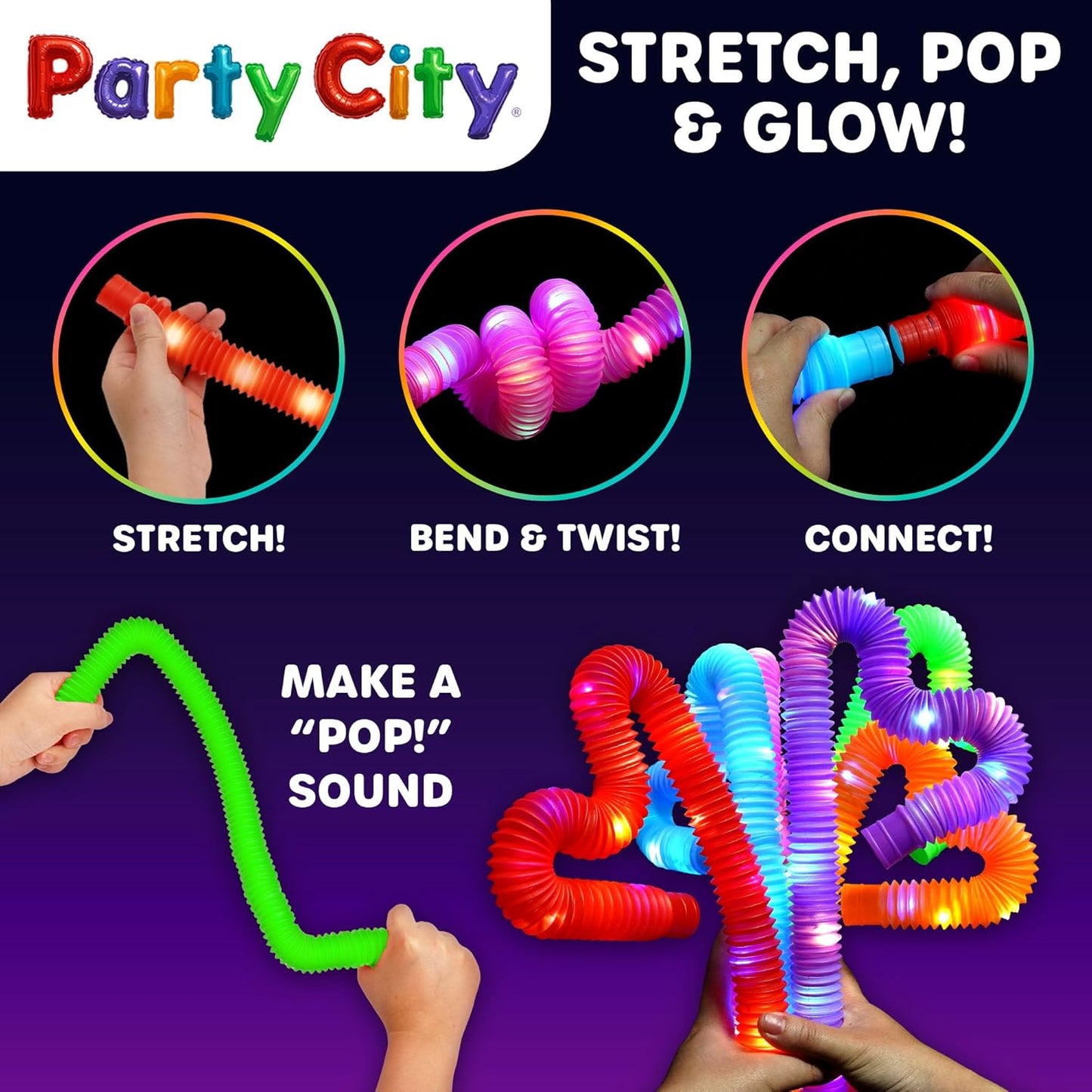 Party City 6pk LED Light Up Pop Tubes 25”- 3 Mode Stretchy Tubes LED Light Up Toys Bulk Glow Sticks Party Favors for Kids Necklaces Bracelets Neon Glow in the Dark Supplies Fidget Sensory Tube Pack