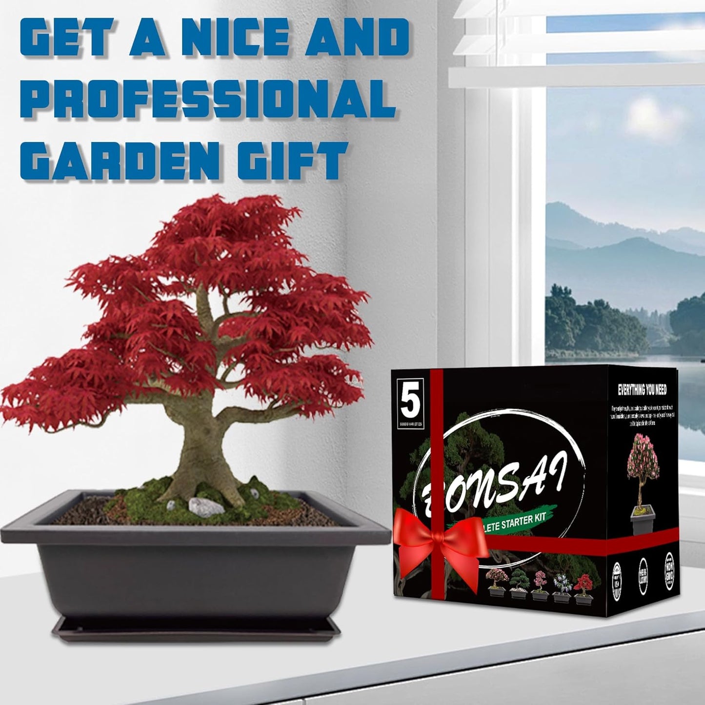 Bonsai Starter Kit, 5 Seeds Growing into Acacia, Wisteria, Sakura, Red Maple and Black Pine, Including Complete Gardening Tools with A Gift Box, Christmas Gifts for Men Women Beginners