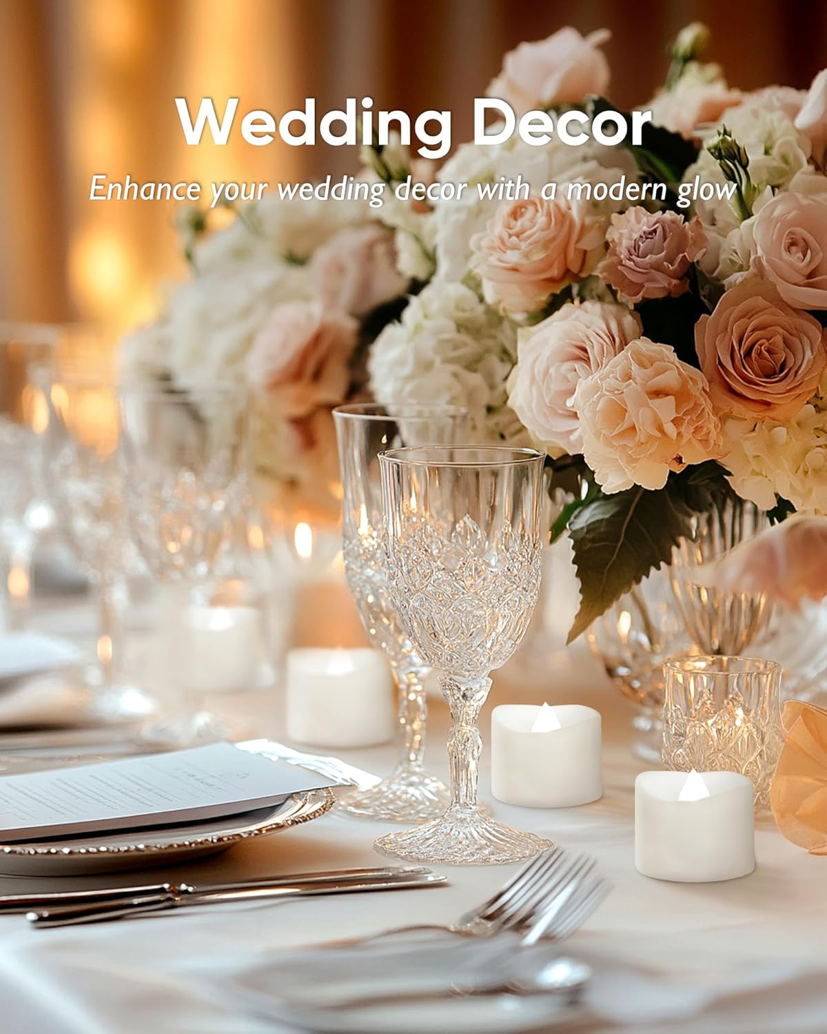 Homemory 48-Pack Cool White Novelty Flickering Flameless Tea Lights, 200+Hours Battery-Operated LED Fake Candles for Wedding Table Centerpieces,Proposal,Anniversary, White Base, Ø1.5'' × H1.3''