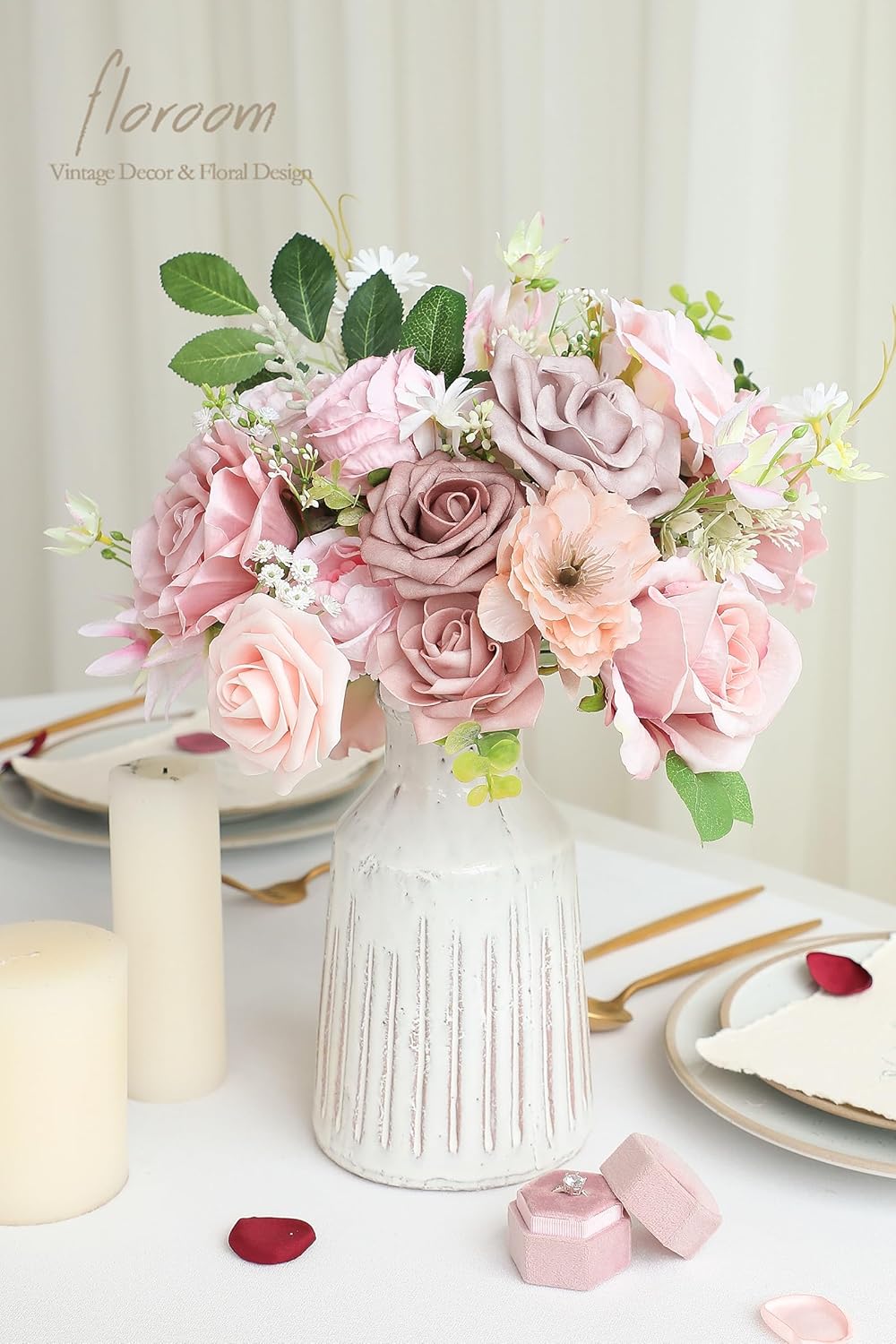 Floroom Dusty Rose Artificial Flowers Fake Roses Peonies and Greenery Combo Box Set for DIY Wedding Bouquets Bridal Shower Centerpieces Floral Arrangements Party Tables Home Decorations