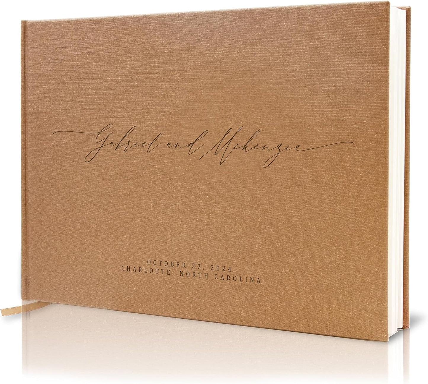 MUUJEE Personalized Guestbook in Bronze Shimmer - Premium Custom Modern Guest Book for Wedding Reception, Birthday Party or Events w/Bookmark Blank Pages for Signing 11.5 x 8.5 inches