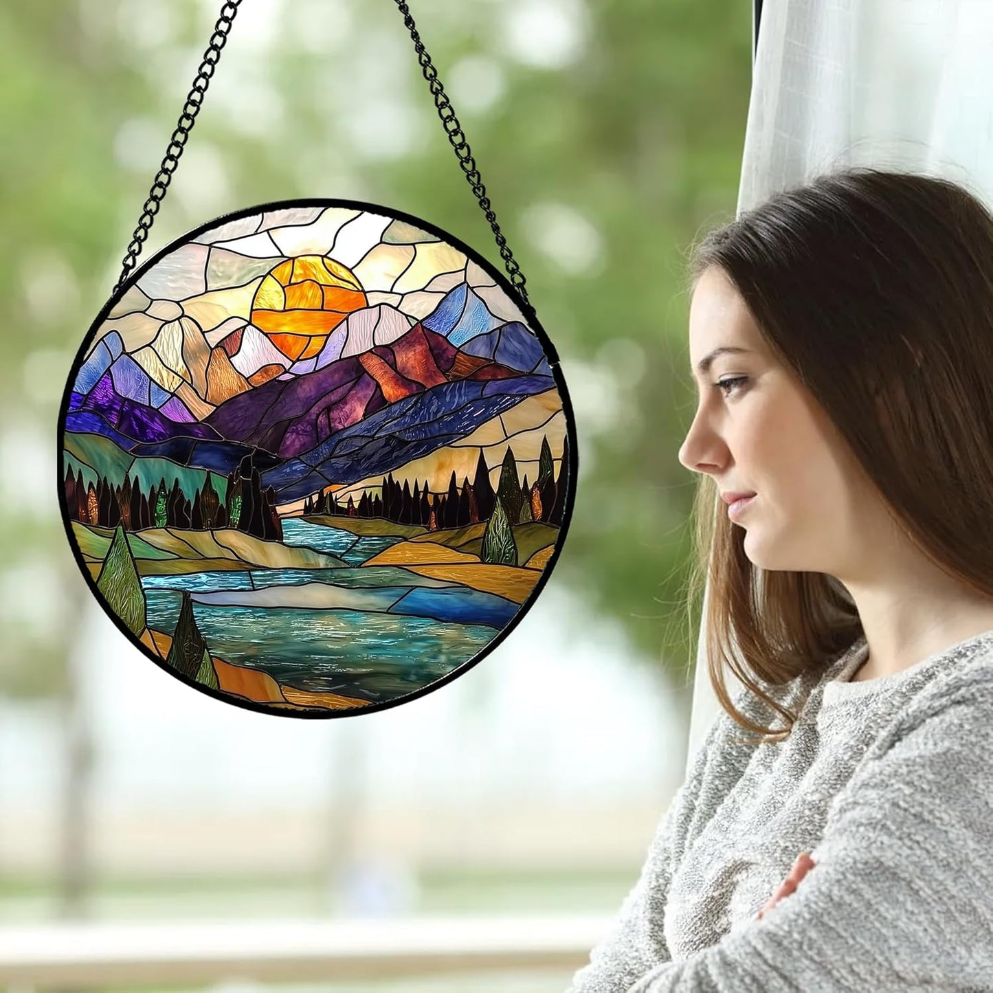 Stained Glass Window Hanging, Blue Lake Golden Sun Abstract Mountains Landscape Suncatcher for Doors Window Home Sun Catchers Decor Mother's Day Birthday Gifts for Women Men Mom 7.8 in
