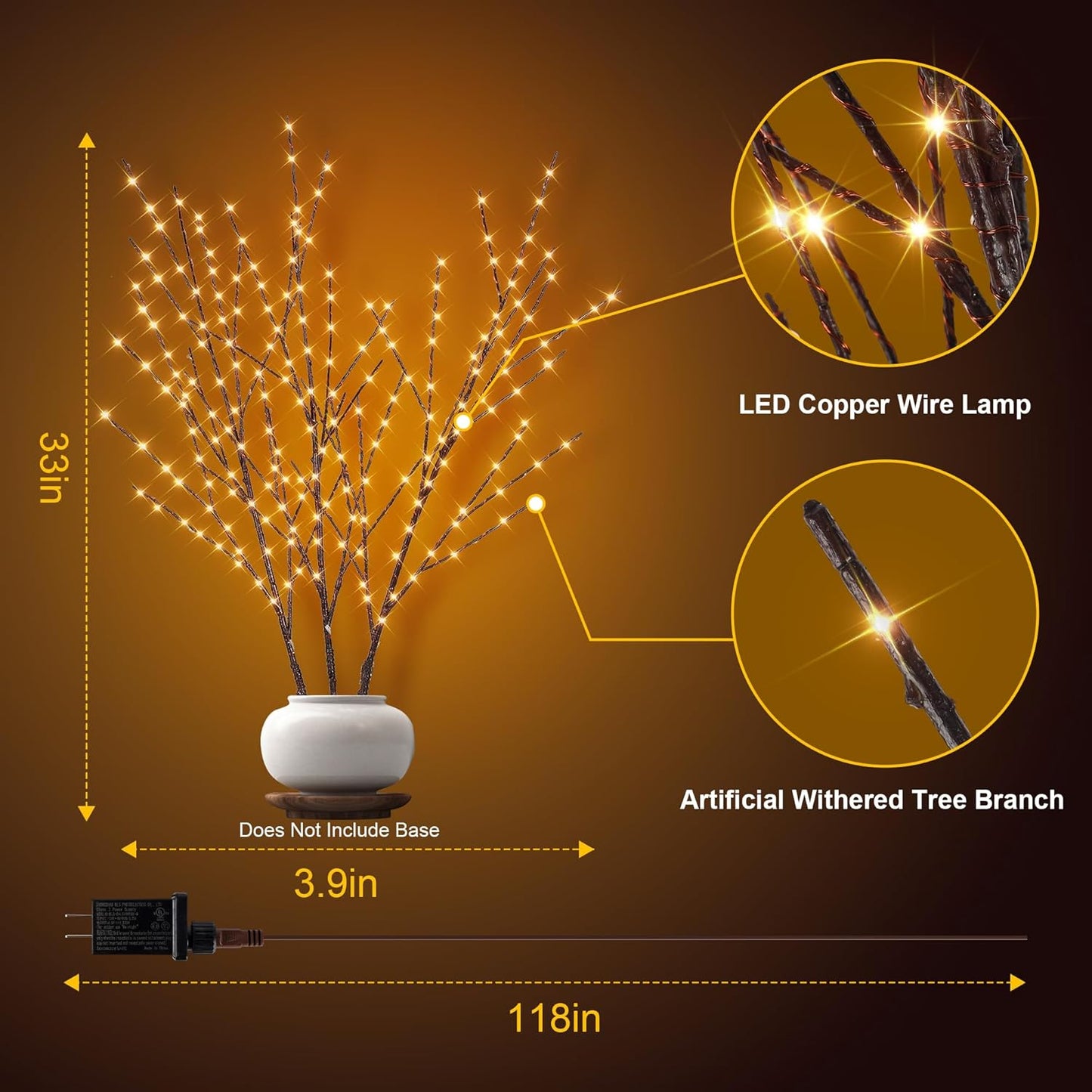 33in Lighted Branches with 180 LED Lights, Twinkling Light Up Tree with Timer, DIY Flexible Lighted Branches for Home Décor, Bedroom, Wedding, Party