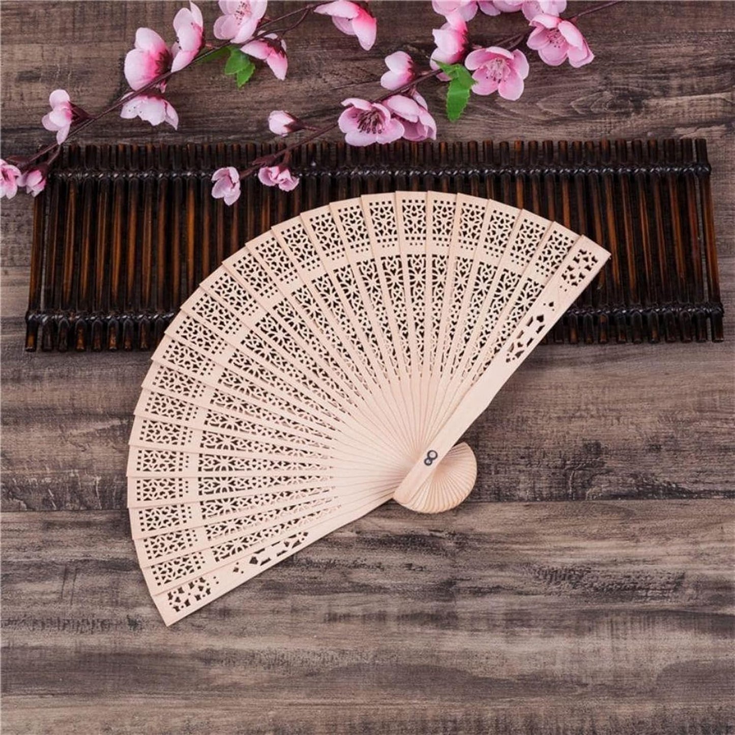 Sandalwood Fan 50 Pcs Hand Fans with 50 Organza Bags Abanicos De Mano Fans for Weddings Hand Fan Foldable Abanicos De Mano Ara Fiesta Wedding Fans for Guests