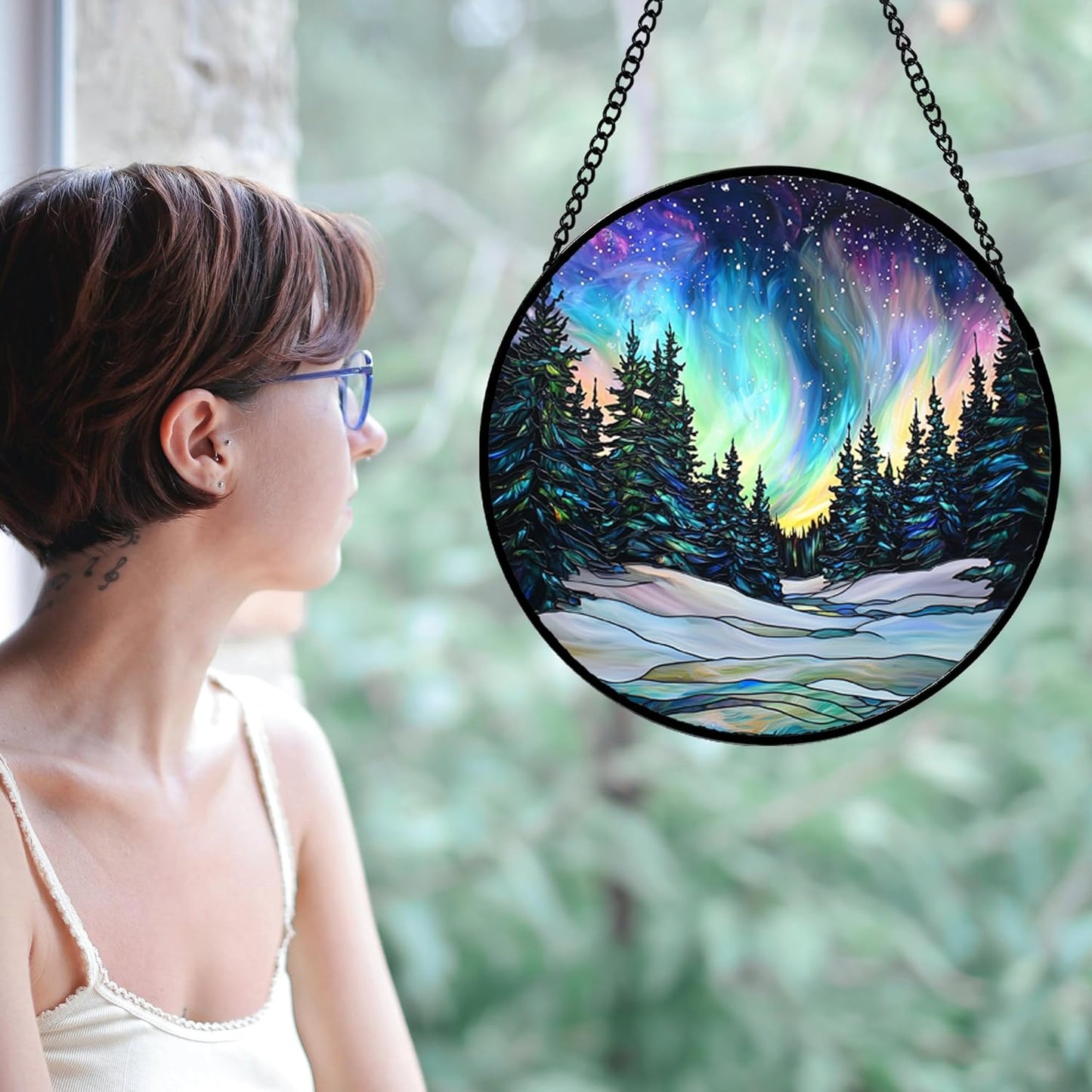 Stained Glass Window Hanging, Aurora Landscape Sun Catchers Glass Panel Green Trees Suncatcher Decor for Birthday for Women, Men, Wife, Aunt, and Mom 14.9x14.9 in