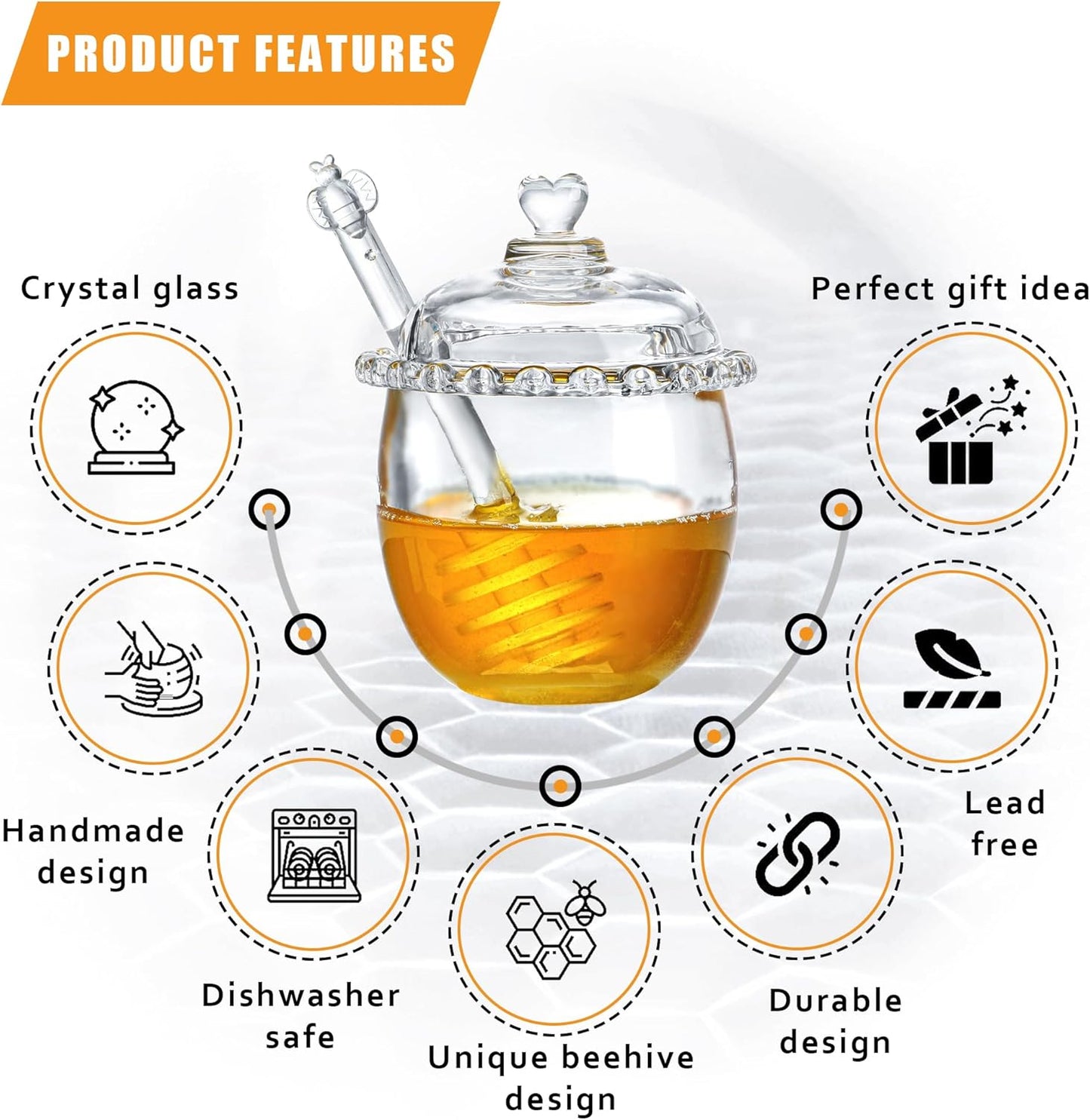 Kanpura Glass Honey Jar with Dipper and Lid, 6oz Crystal Honey Dispenser, Containers for Home Kitchen