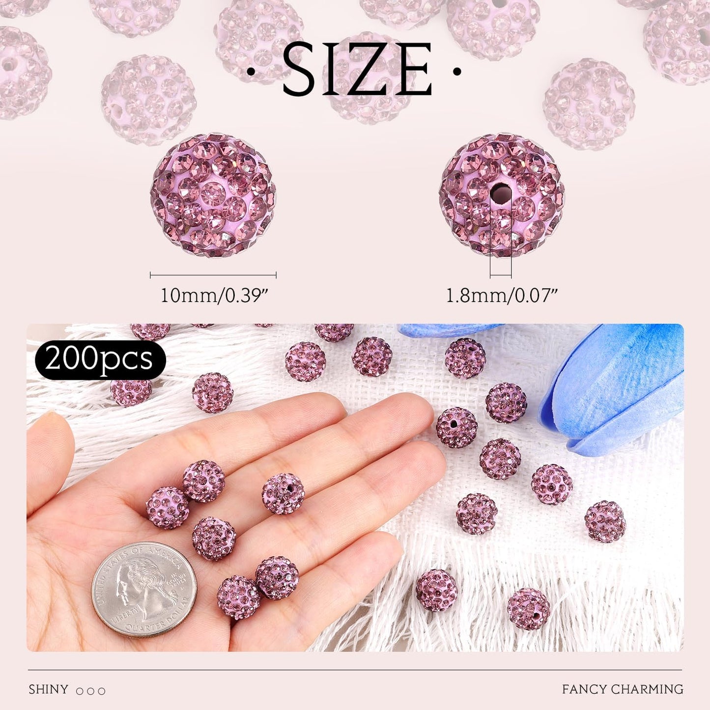 200pcs 10mm Light Purple Rhinestone Beads for Jewelry Making, Shiny Round Shamballa Disco Ball Beads, Sparkle Crystal Clay Christmas for Bracelet Baseball Necklace Earring Crafting and DIY