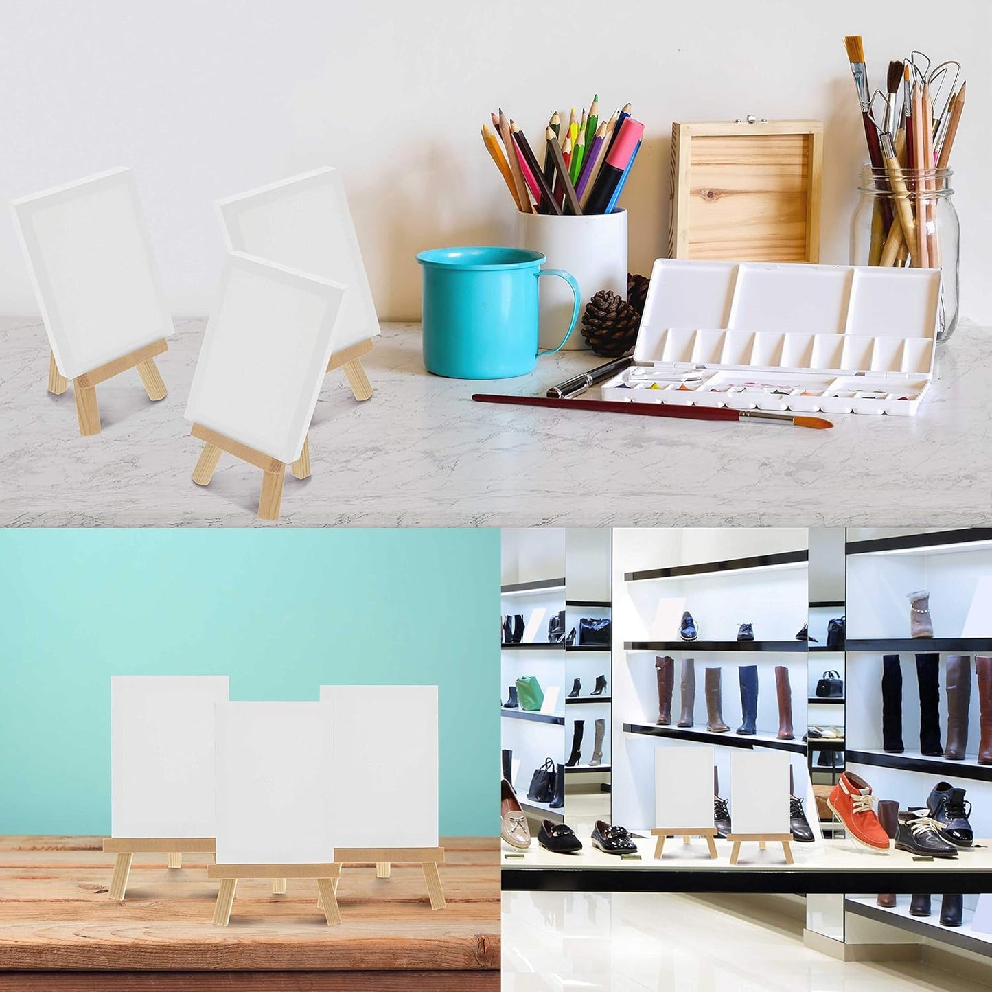 U.S. Art Supply 2" x 3" Stretched Canvas with 5" Mini Easel Kit (12 Pack) - Natural Wooden A-Frame Tabletop Display Stand, Mini Easel Stand - Small Easels for Display, Small Canvases, Crafts, Photos