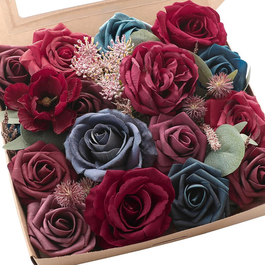 Floroom Burgundy Navy Blue Artificial Flowers Marsala Fake Roses Peonies Greenery Combo Box Set for DIY Dark Red Wedding Bouquets Bridal Shower Centerpieces Floral Arrangements Party Tables Decoration
