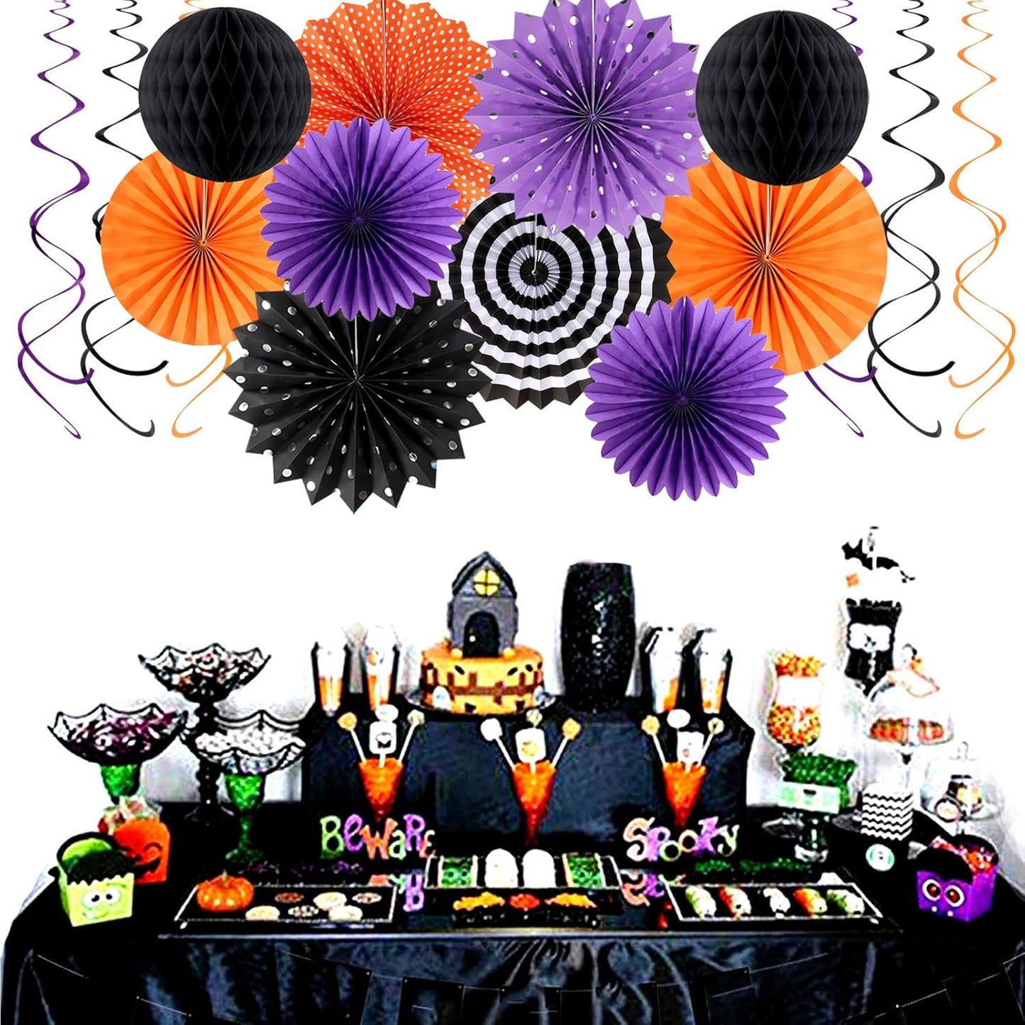 Orange Black Purple Halloween Party-Decorations - 33Pcs Banner,Streamers Tassel Garland,Tissue Pom Poms Honeycomb,Paper Lantern Fan,Birthday Wedding Baby Bridal Shower Decor Hugtmr