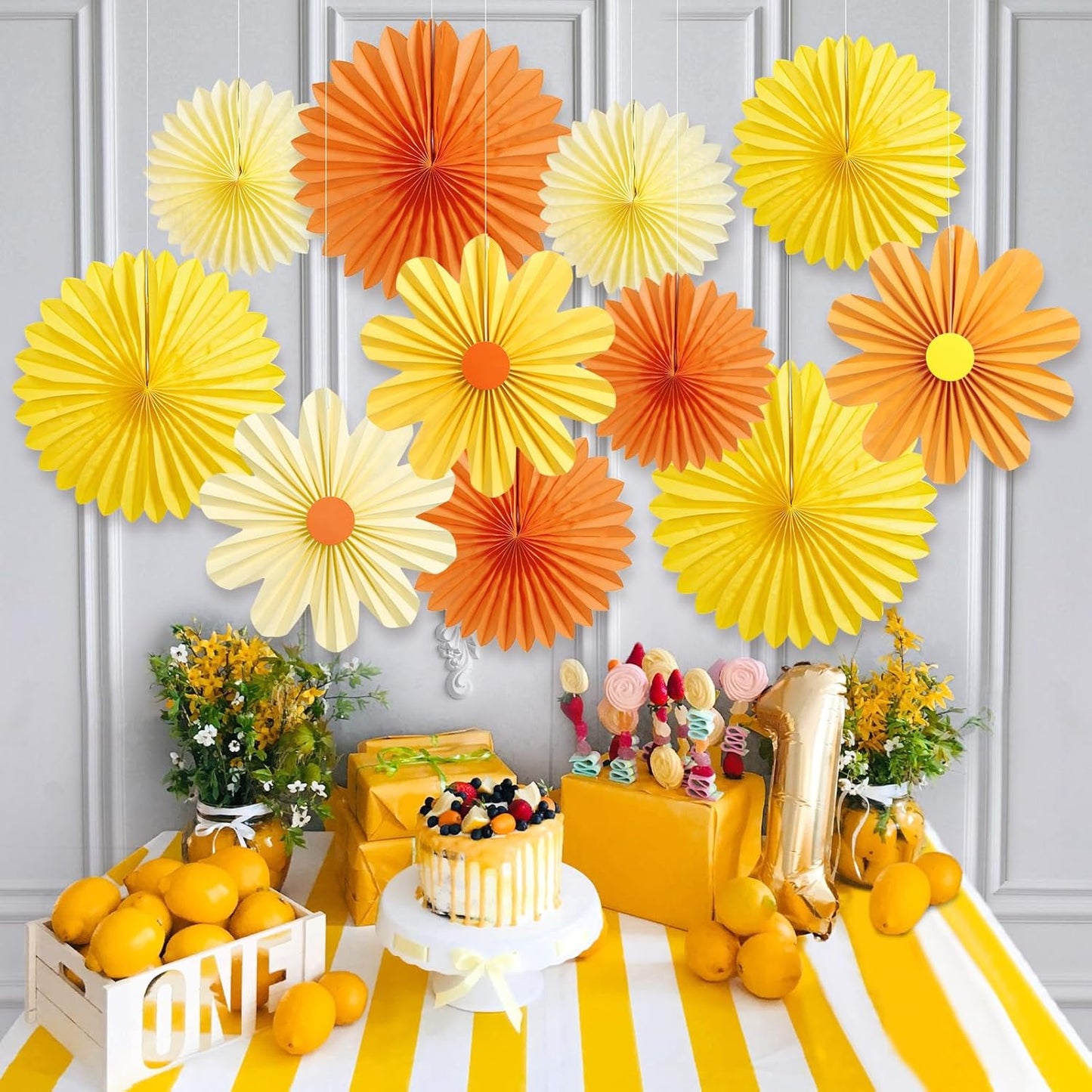 11PCS Paper Flowers Decorations for Wall Daisy Paper Fans Classroom Decoration Paper Orange Backdrop Decor Hanging Paper Fans for Birthday Baby Shower Indoor Spring Deco