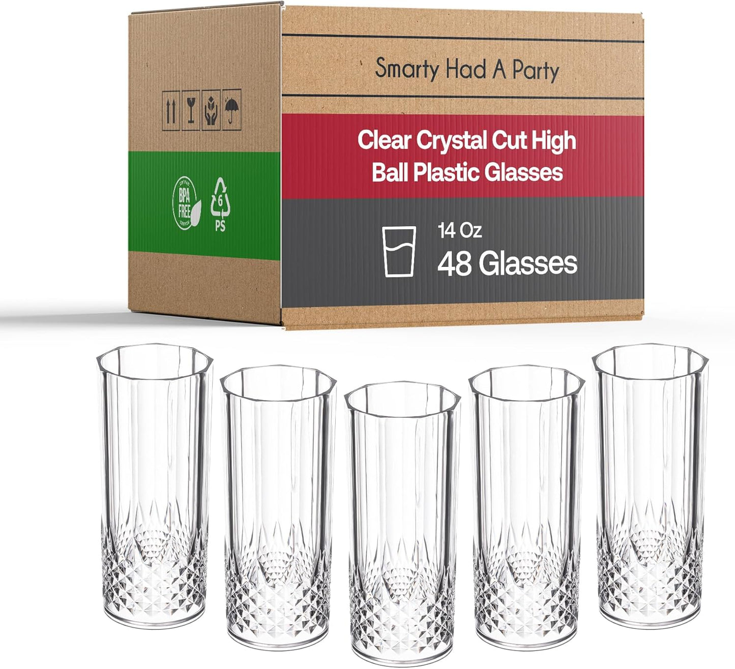 Smarty Had A Party 14 oz Plastic Highball Glasses Disposable – 48 Bloody Mary Glasses, Crystal-Cut Cocktail Cups Disposable Classy, 14 oz Plastic Cups for Parties, Weddings and Events